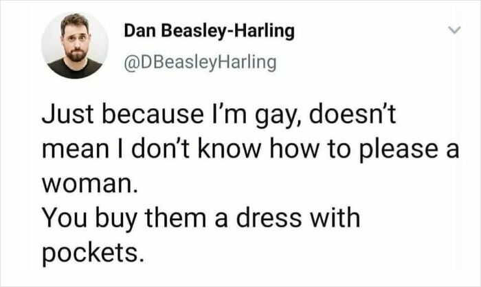 Tweet by Dan Beasley-Harling humorously addressing women’s dress pockets with feminist posts calling out the patriarchy.