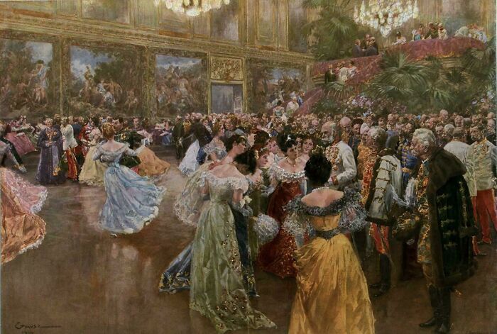 Victorian-era ballroom scene with men and women in formal attire depicting a historical world you'd hardly recognize today.