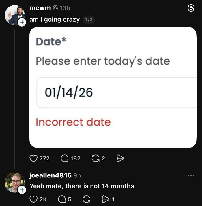 Screenshot of a social media post highlighting a dumb comment about entering an incorrect date format.
