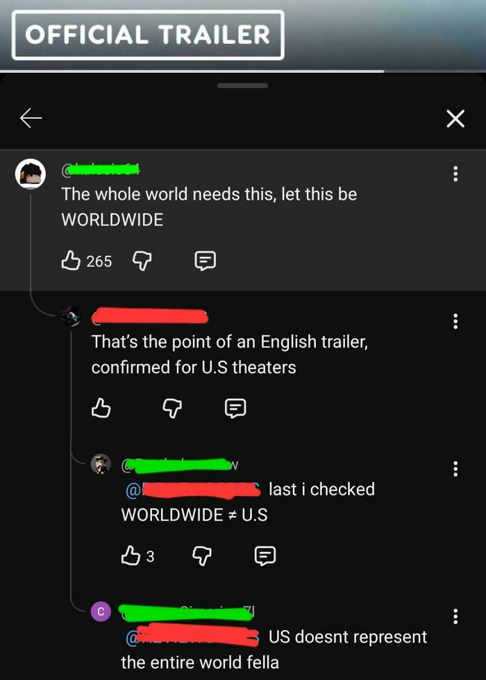 Online comments showing Americans misunderstanding worldwide in a humorous internet thread about English trailers.
