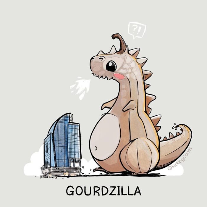 Cute humor illustration of Gourdzilla, a wholesome character blending humor and unexpected charm with playful wordplay.