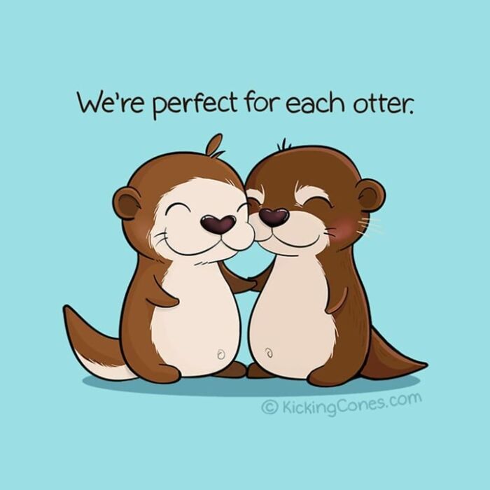 Two cute otters hugging with wholesome wordplay caption perfect for each otter in a charming, humorous illustration.