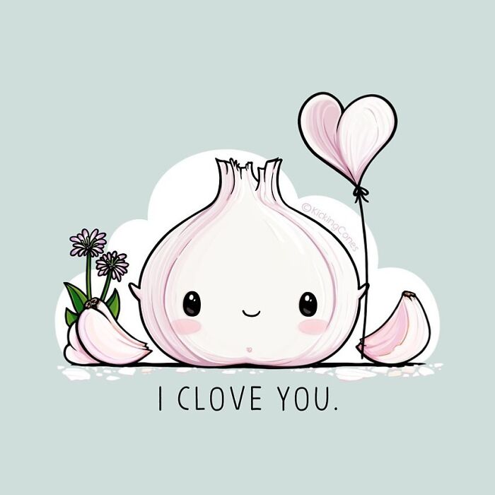 Cute humor illustration of a smiling garlic clove holding a heart-shaped balloon with wholesome wordplay.