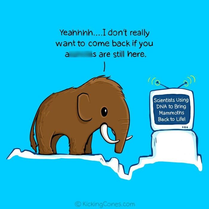 Cartoon mammoth watching TV about DNA research, showcasing wholesome wordplay and unexpected characters in cute humor.