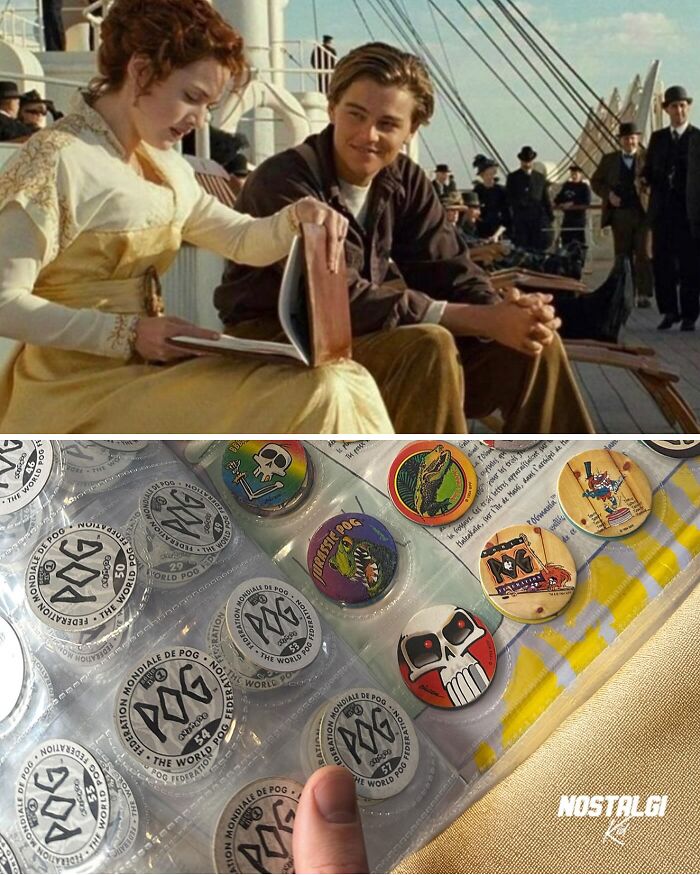 Scene from a nostalgic movie and a collection of vintage Pogs, evoking nostalgia for Xenials.