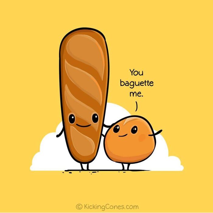 Cute humor illustration featuring a baguette and bread roll with wholesome wordplay and unexpected characters.