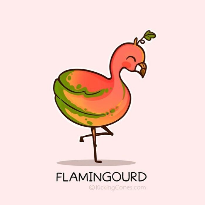 Cute humor illustration of a flamingo combined with a gourd, showcasing wholesome wordplay and unexpected characters.