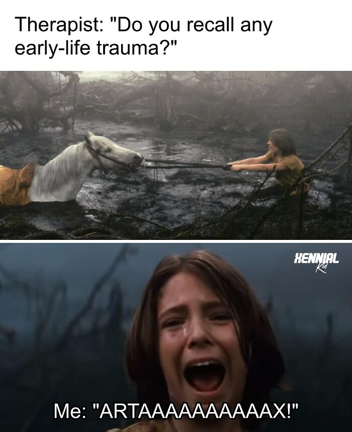 Child struggling to rescue a horse from mud, evoking nostalgic trip down memory lane for Xenials.