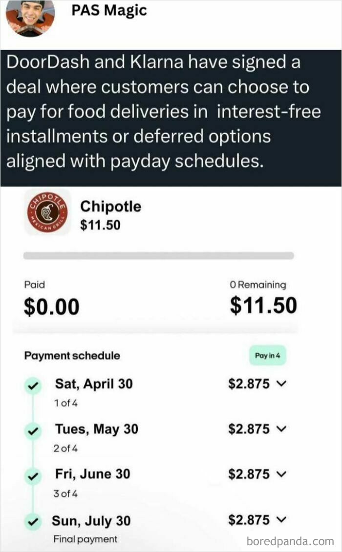 Post showing food delivery paying in interest-free installments, highlighting the reality of living in an actual dystopia today.