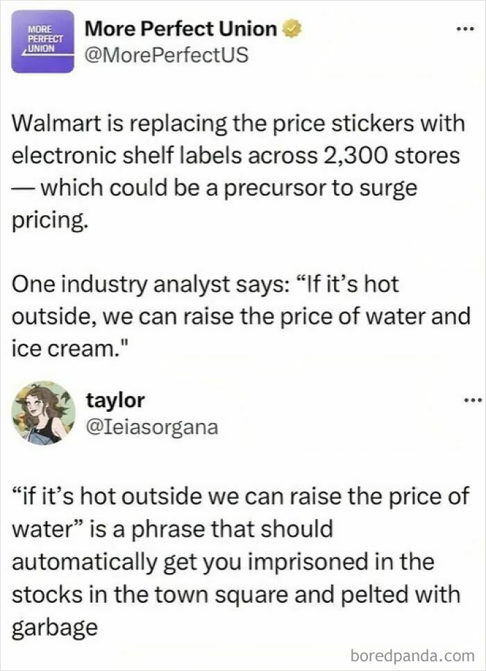 Tweet about Walmart replacing price stickers with electronic labels, highlighting dystopia and price surge concerns.