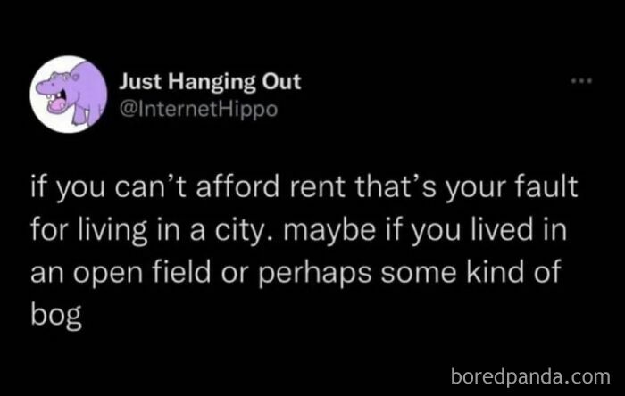 Screenshot of a social media post highlighting dystopia with a sarcastic comment about unaffordable city rent and living options.