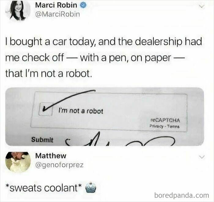 Tweet about buying a car requiring a handwritten confirmation of not being a robot, highlighting dystopia feel.