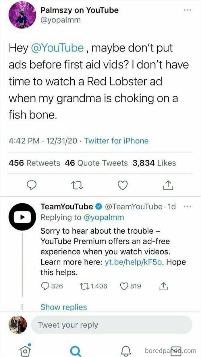 Tweet exchange about YouTube ads before first aid videos highlighting dystopia in everyday life with user complaints and official response.