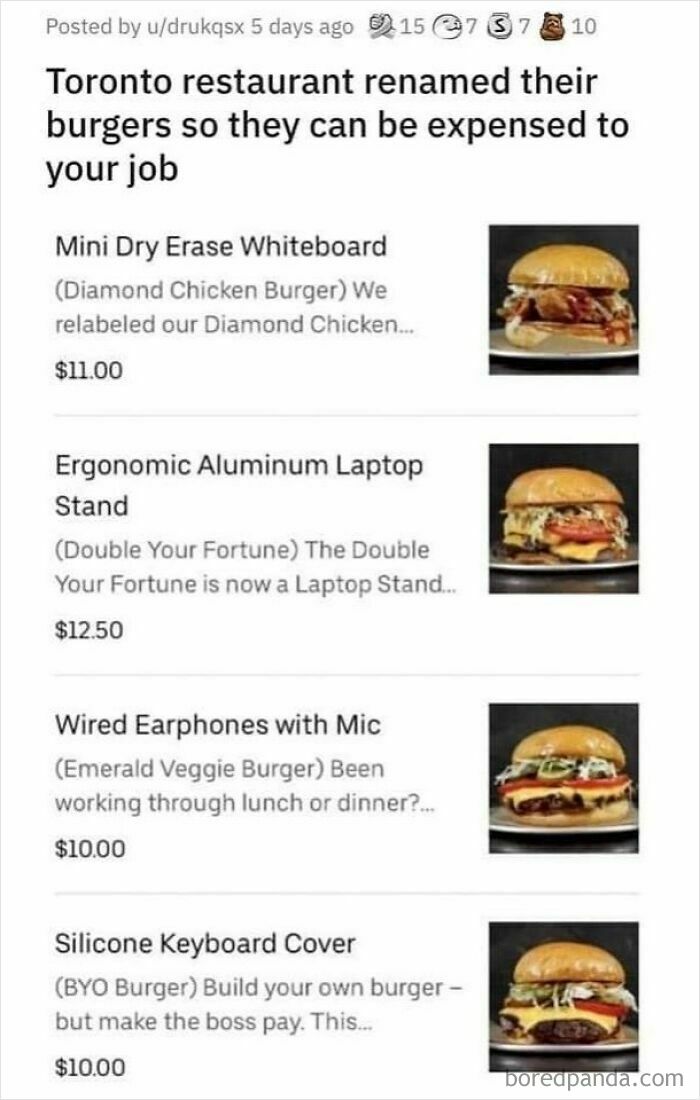 Toronto restaurant renames burgers as office supplies to exploit work expense policies in a dystopian real-life scenario.