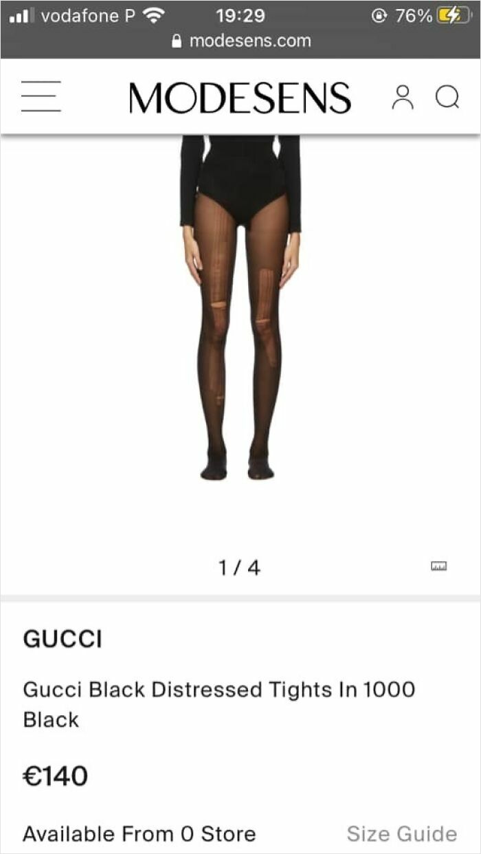 Gucci black distressed tights modeled on website page highlighting fashion posts about living in dystopia.