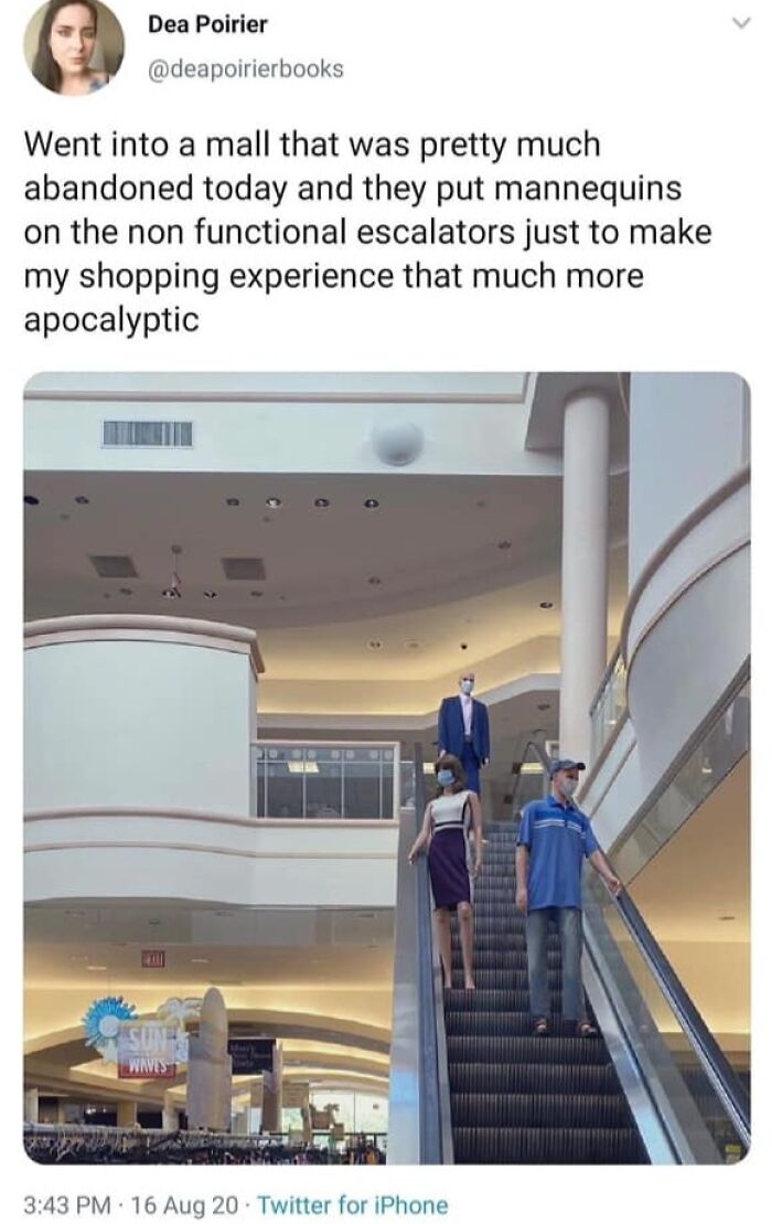 Tweet about a mall with mannequins on broken escalators highlighting a dystopia and apocalyptic shopping experience.