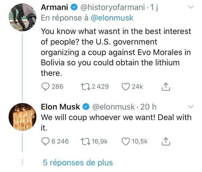 Screenshot of a Twitter exchange discussing government coups, highlighting themes of dystopia and political control.