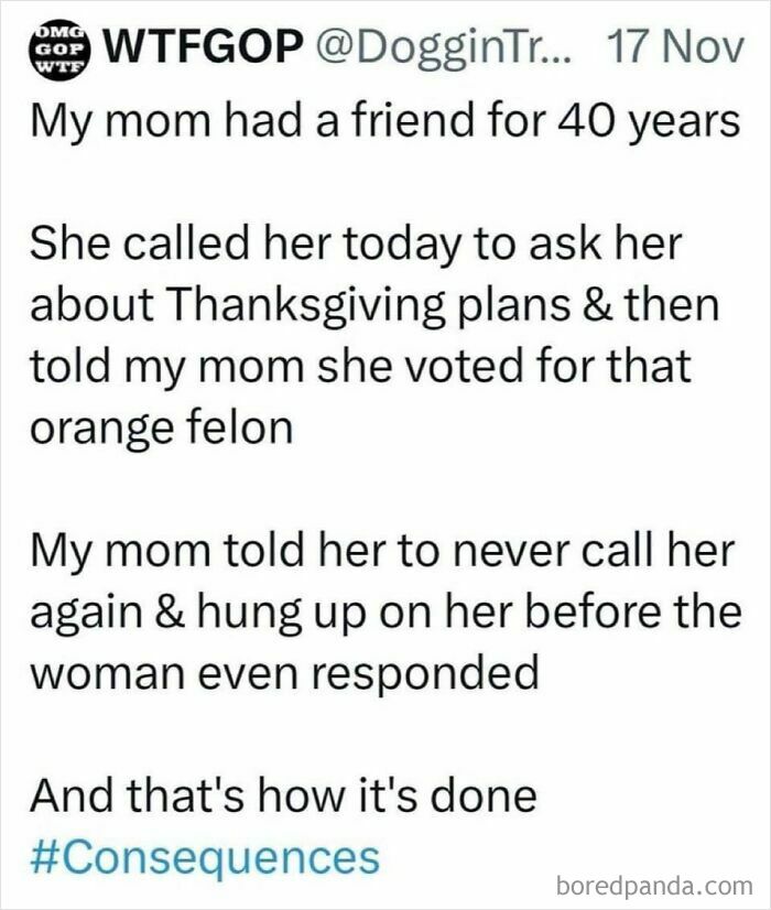 Screenshot of a social media post highlighting dystopia with a story about voting and broken friendships.