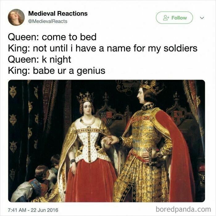 Medieval meme featuring king and queen with a pun on knights, highlighting funny memes with randomness and humor.
