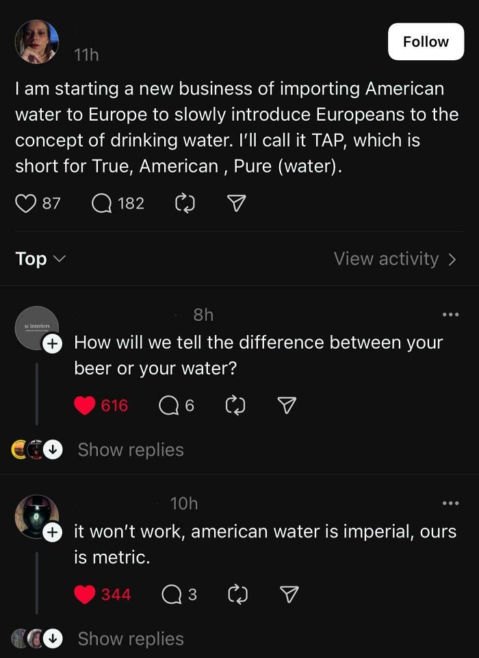 Screenshot of dumb comments about importing American water to Europe, highlighting funny internet reactions and American comments.