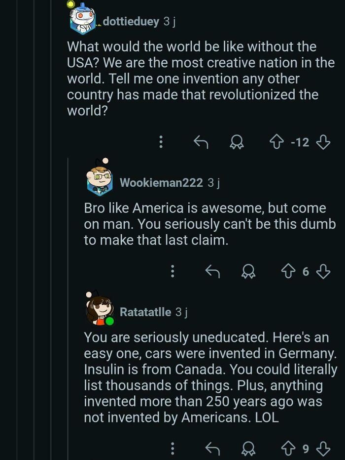 Reddit thread showing Americans writing dumb comments about inventions and creativity in a viral internet debate.