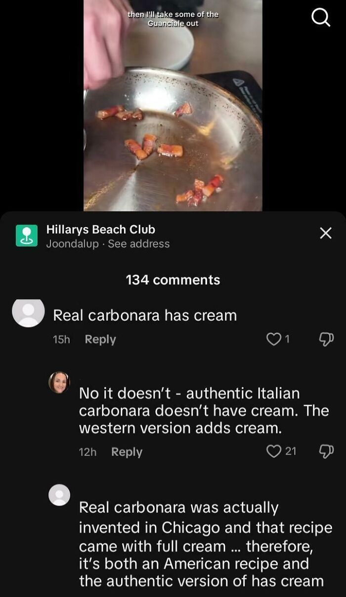Comments debating authenticity of carbonara recipe, showcasing dumb comments Americans wrote and internet reactions.
