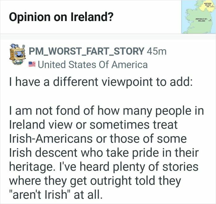 Screenshot of an online comment showing a dumb American opinion on Ireland and Irish-American heritage.