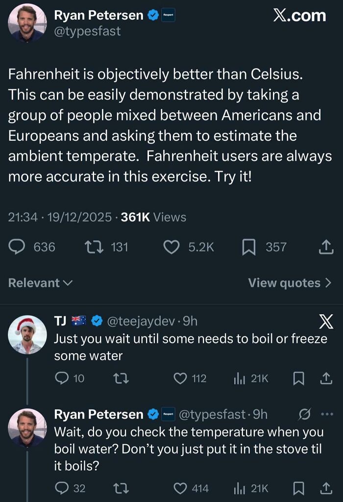 Twitter exchange about Fahrenheit vs Celsius accuracy, highlighting dumb comments Americans wrote that frustrated the internet.