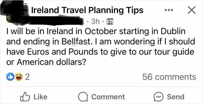 Screenshot of a social media post showing a dumb comment by an American asking about currency for Ireland travel.