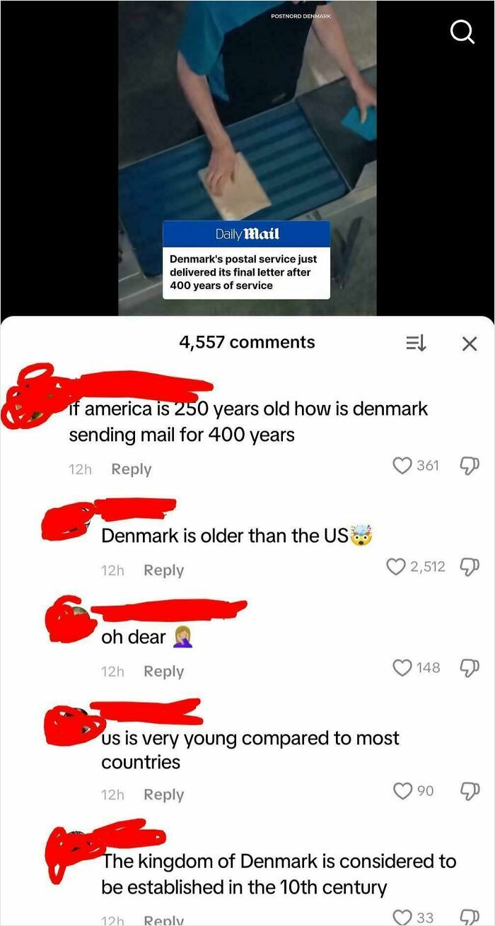 Screenshot of Americans commenting confusedly about Denmark’s postal service history, highlighting dumb internet comments.
