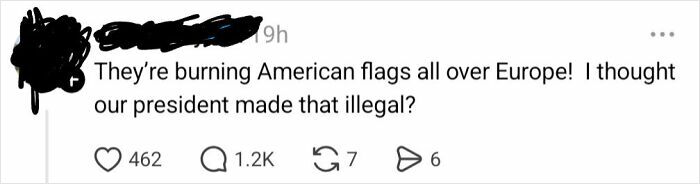 Screenshot of a dumb comment about burning American flags in Europe, illustrating clueless online remarks by Americans.