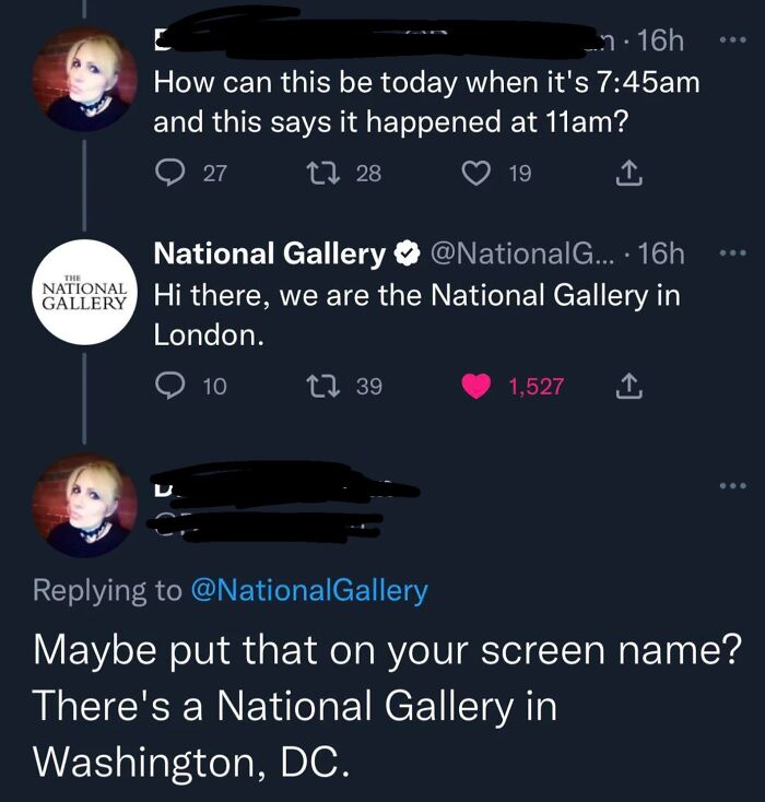 Twitter exchange showing dumb comments by an American confusing National Gallery London with Washington DC location.