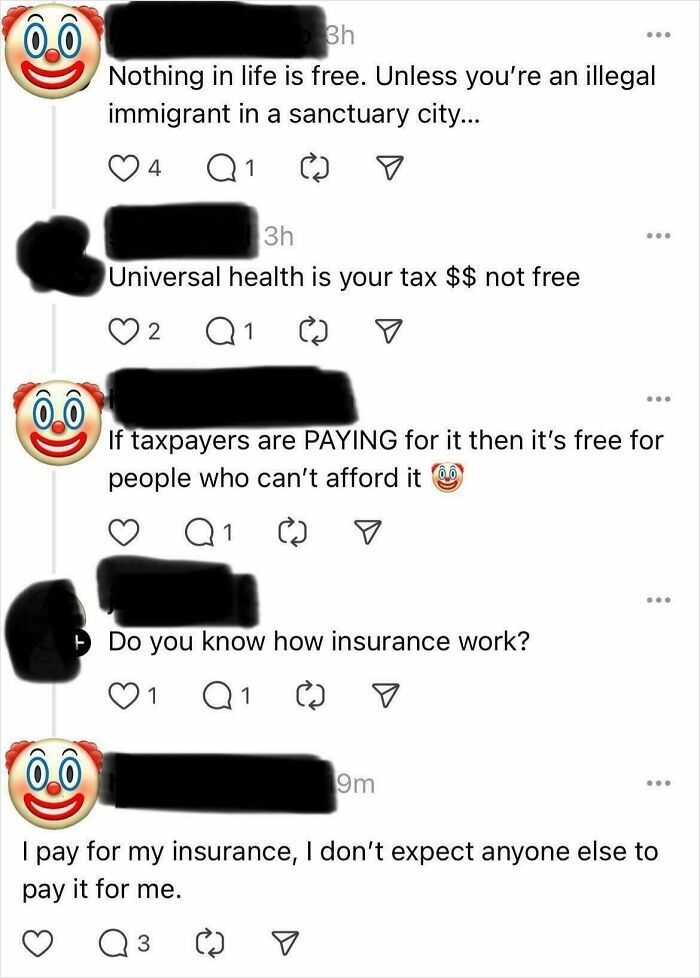 Social media comments showing dumb opinions about universal health and insurance from Americans online debate.