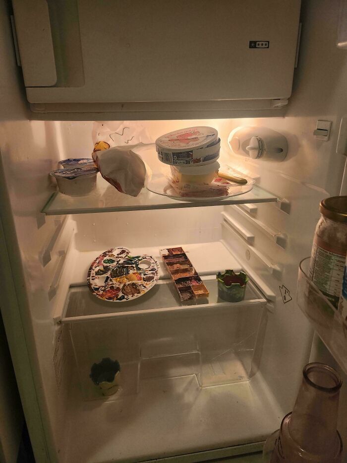 Inside view of an oddly stocked fridge with art supplies among food, showcasing interesting fridge contents not fitting Pinterest aesthetic vibe.