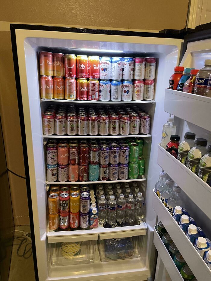 Organized fridge contents filled with various canned sparkling waters and bottled beverages, showing interesting fridge contents.