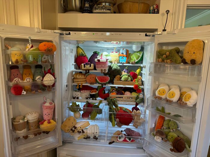 Plush toy fridge contents featuring quirky and interesting items that defy the Pinterest aesthetic vibe.