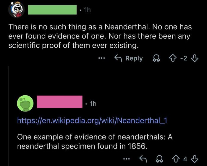 Screenshot of an online comment thread showing a debate about the existence of Neanderthals and dumb comments.