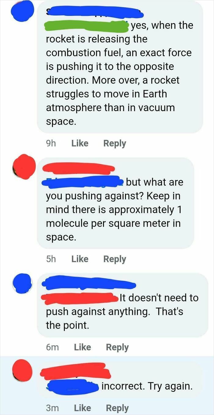 Screenshot of dumb comments from Americans debating rocket propulsion in a social media thread.
