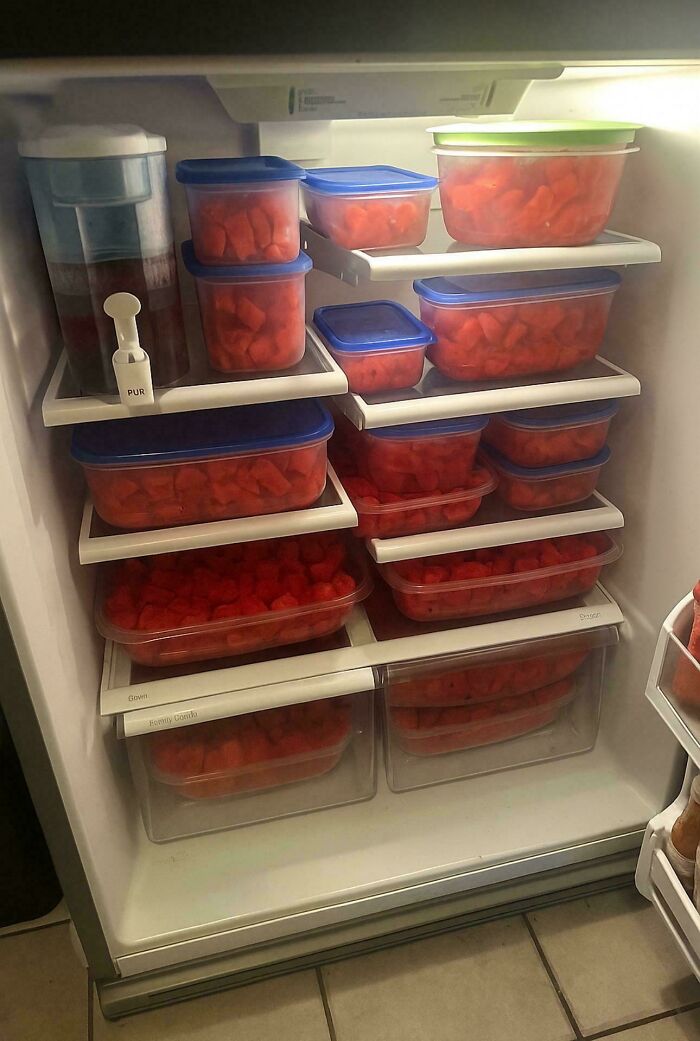 Multiple clear containers filled with chopped watermelon inside a refrigerator showing fridge contents.