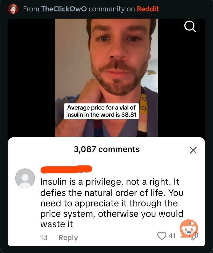 Man sharing a Reddit comment about insulin pricing, highlighting dumb comments made by Americans on the internet.