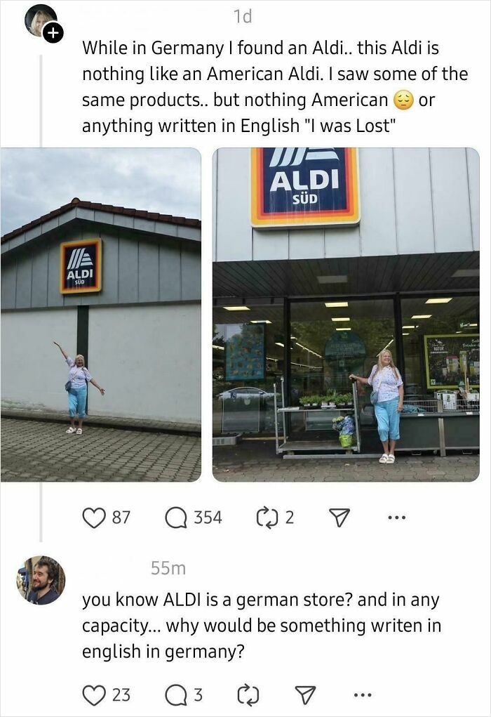 Social media exchange showing dumb comments about Aldi being an American store instead of a German store.