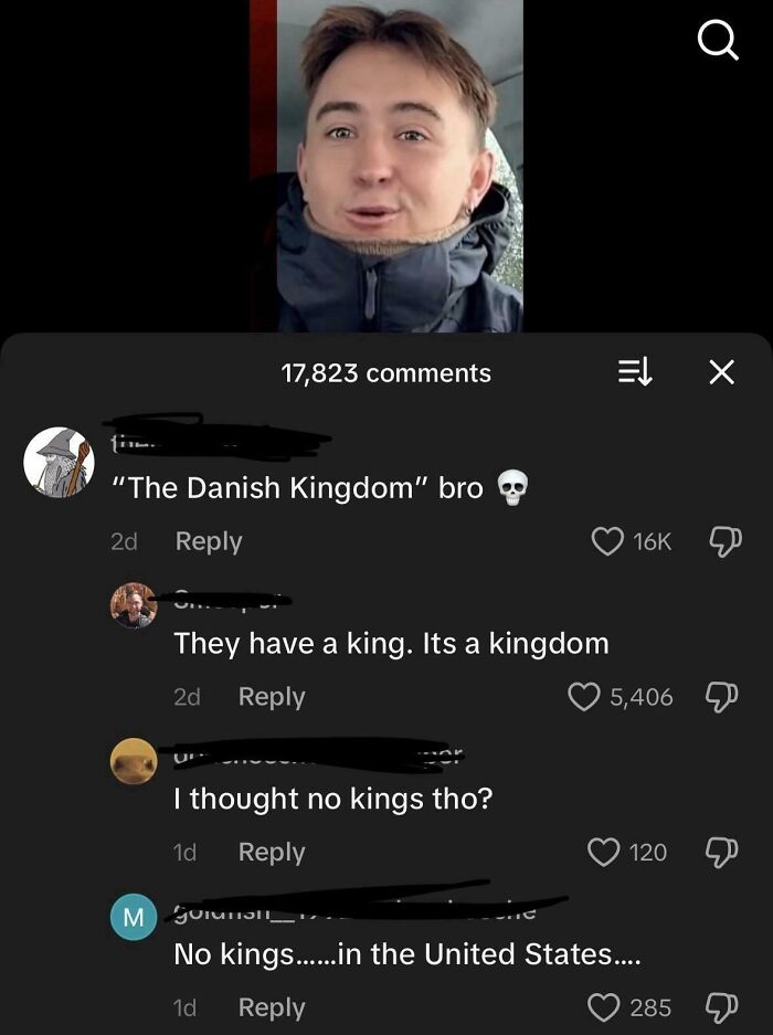 Young man reacting to dumb comments online with discussions about kingdoms and kings in internet comments.