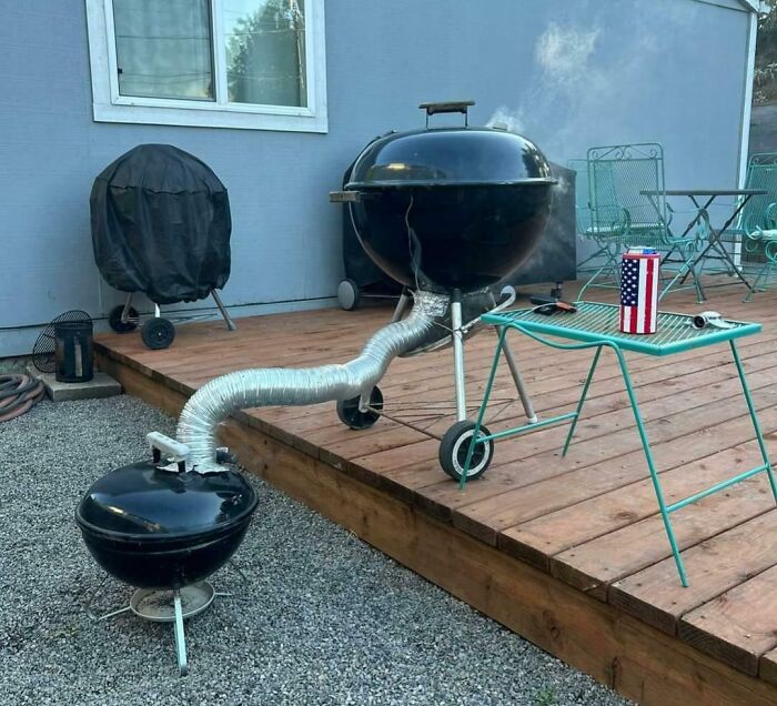 Creative barbecue setup with a clever homemade connector showcasing if it's stupid but it works then it's not stupid example.