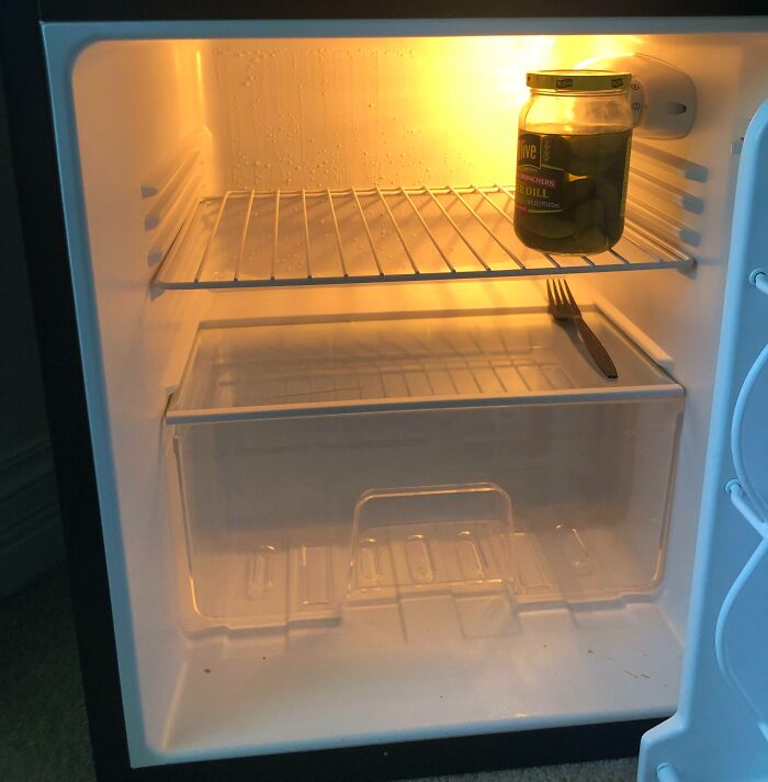 Nearly empty fridge with only a jar of pickles and fork inside showing unusual fridge contents not matching Pinterest aesthetic.