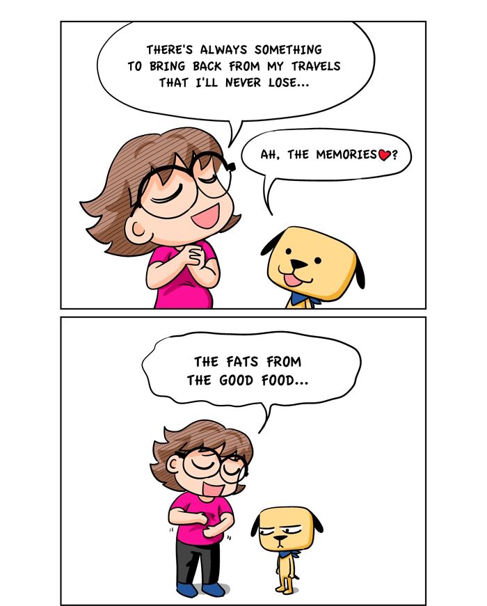 Cartoon comic illustrating travel culture shock with humorous dialogue about memories and food fats.