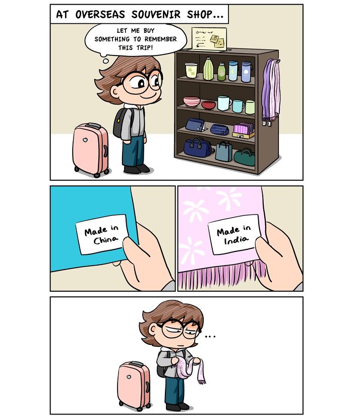 Traveler shopping souvenirs experiences travel culture shock in a comic strip showing "Made in China" and "Made in India" tags.
