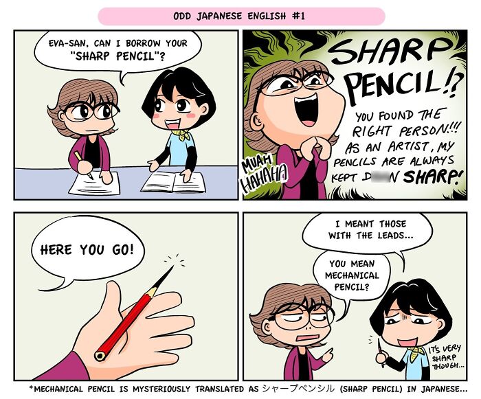 Comic strip showing travel culture shock with a funny Japanese English mistranslation about sharp pencils.