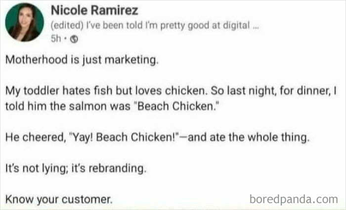 Screenshot of a humorous social media post about rebranding food to make a toddler eat it, funny screenshots distraction theme.