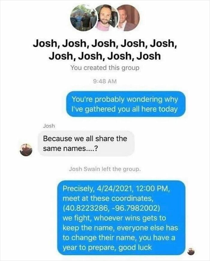 Group chat with multiple Joshes planning a humorous name fight, a funny screenshot to distract from responsibilities.