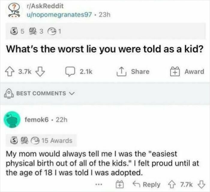 Reddit thread screenshot showing a funny comment about childhood lies, part of funny screenshots to distract users.